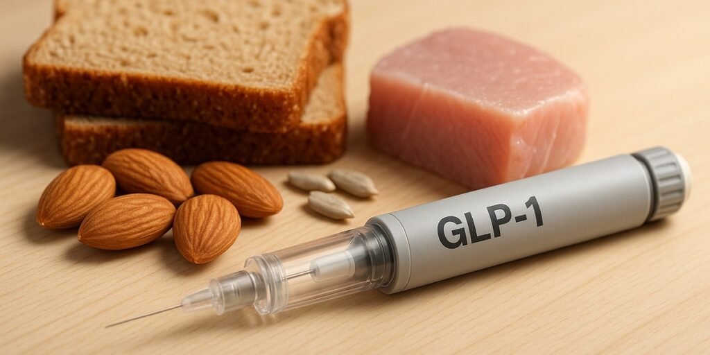 Ozempic injection pen beside natural sources of vitamin B1 including nuts, grains, and meat