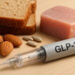 Ozempic injection pen beside natural sources of vitamin B1 including nuts, grains, and meat