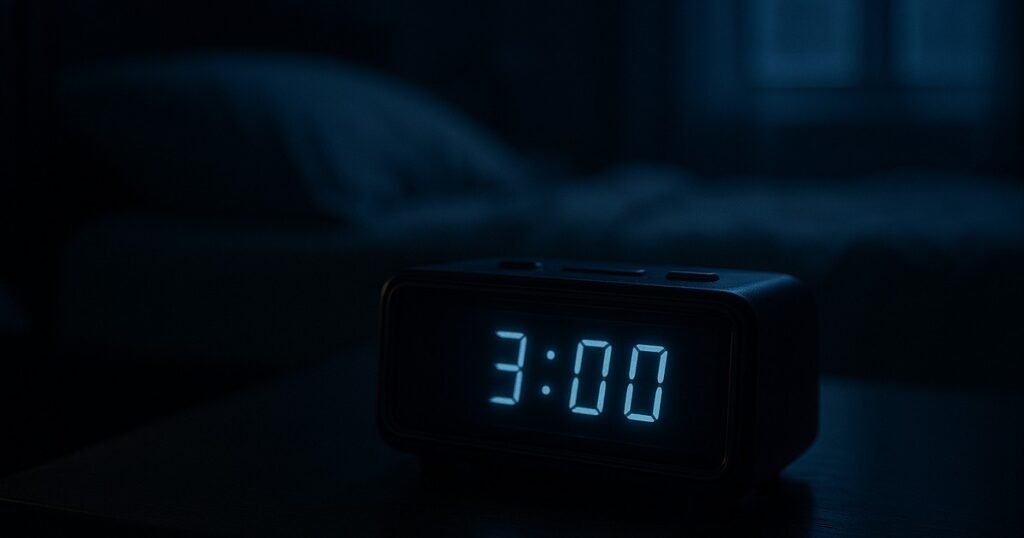 A bedside alarm clock glowing 3:00 AM in a dark bedroom, illustrating waking up in the middle of the night