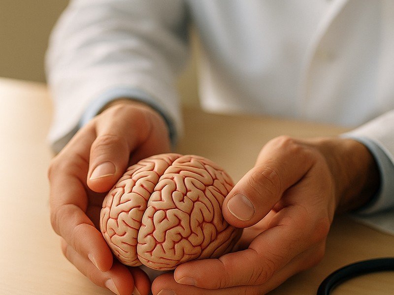 Doctor holding an anatomical brain model with a stethoscope, representing recognition of B1 deficiency symptoms