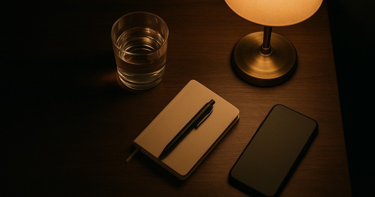 A Calming Wind-Down Setup A calming nighttime nightstand setup with water, a notebook, a dim lamp, and a phone face-down