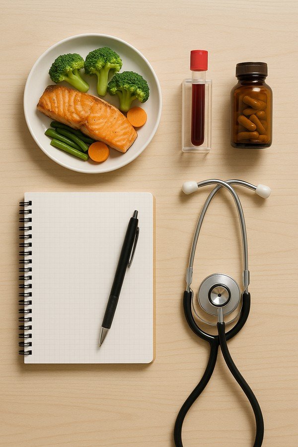 Flat-lay of B1-rich foods, a blood test, a supplement bottle, and a stethoscope representing prevention steps for Ozempic users