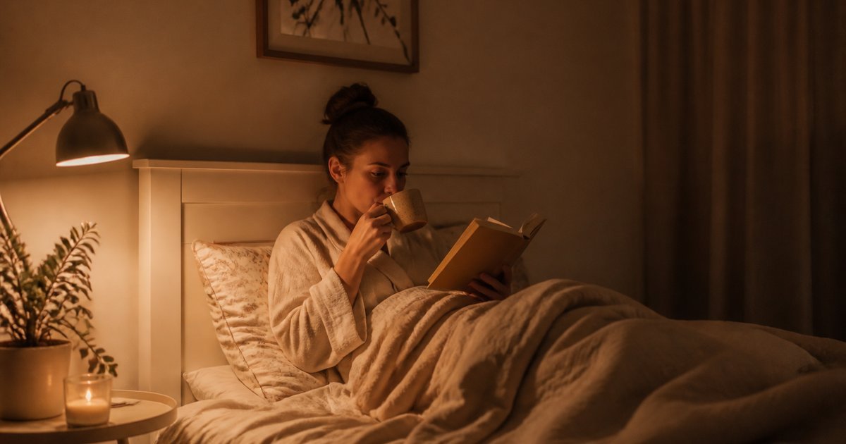 Person relaxing with a book during a screen-free wind-down routine before bed
